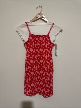 NWT Red & Pink Flower Dress Size Girls M (8) White Shirt
